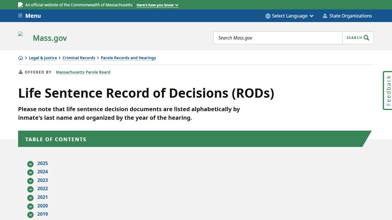 Life Sentence Record of Decisions (RODs) | Mass.gov