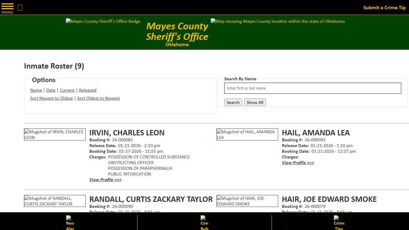 Inmate Roster - Released Inmates Booking Date Descending - Mayes County, OK Sheriff